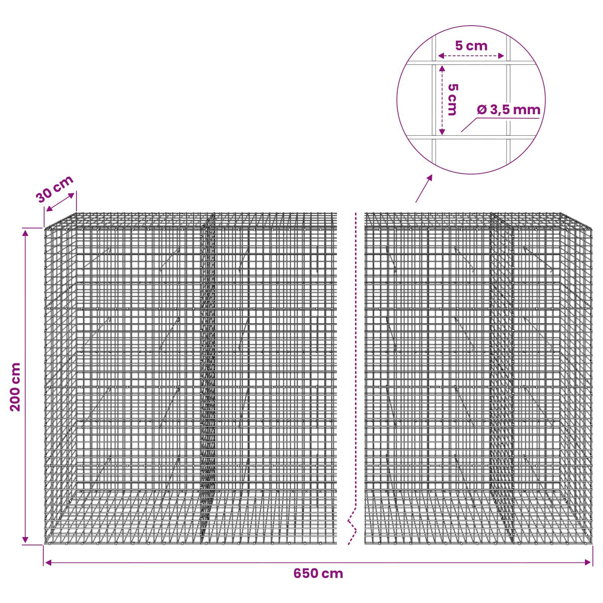 Gabion with 3.5 mm Wire and 5x5 cm Mesh 650x30x200 cm