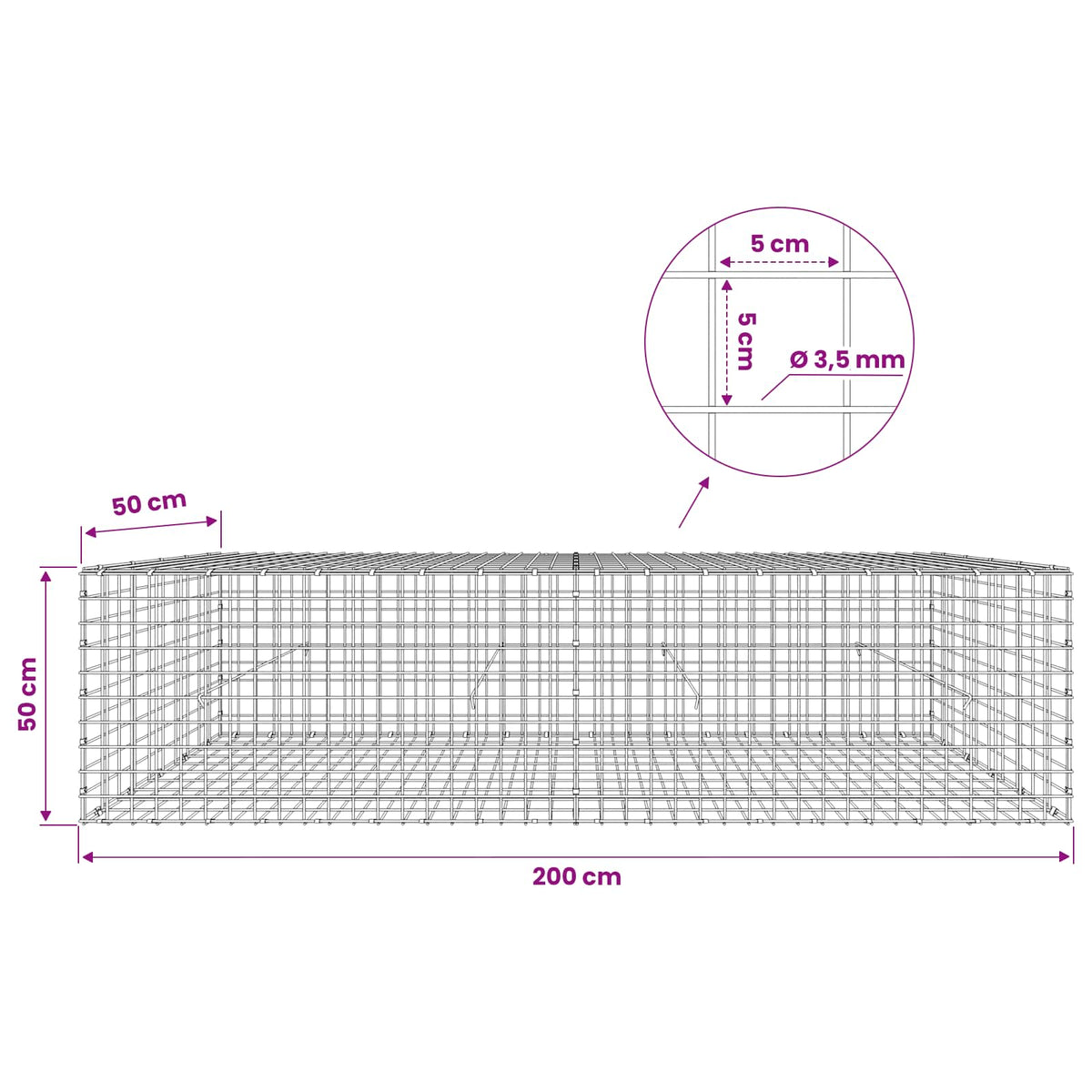 Gabion with 3.5 mm Wire and 5x5 cm Mesh 200x50x50 cm