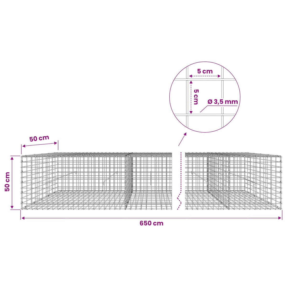 Gabion with 3.5 mm Wire and 5x5 cm Mesh 650x50x50 cm