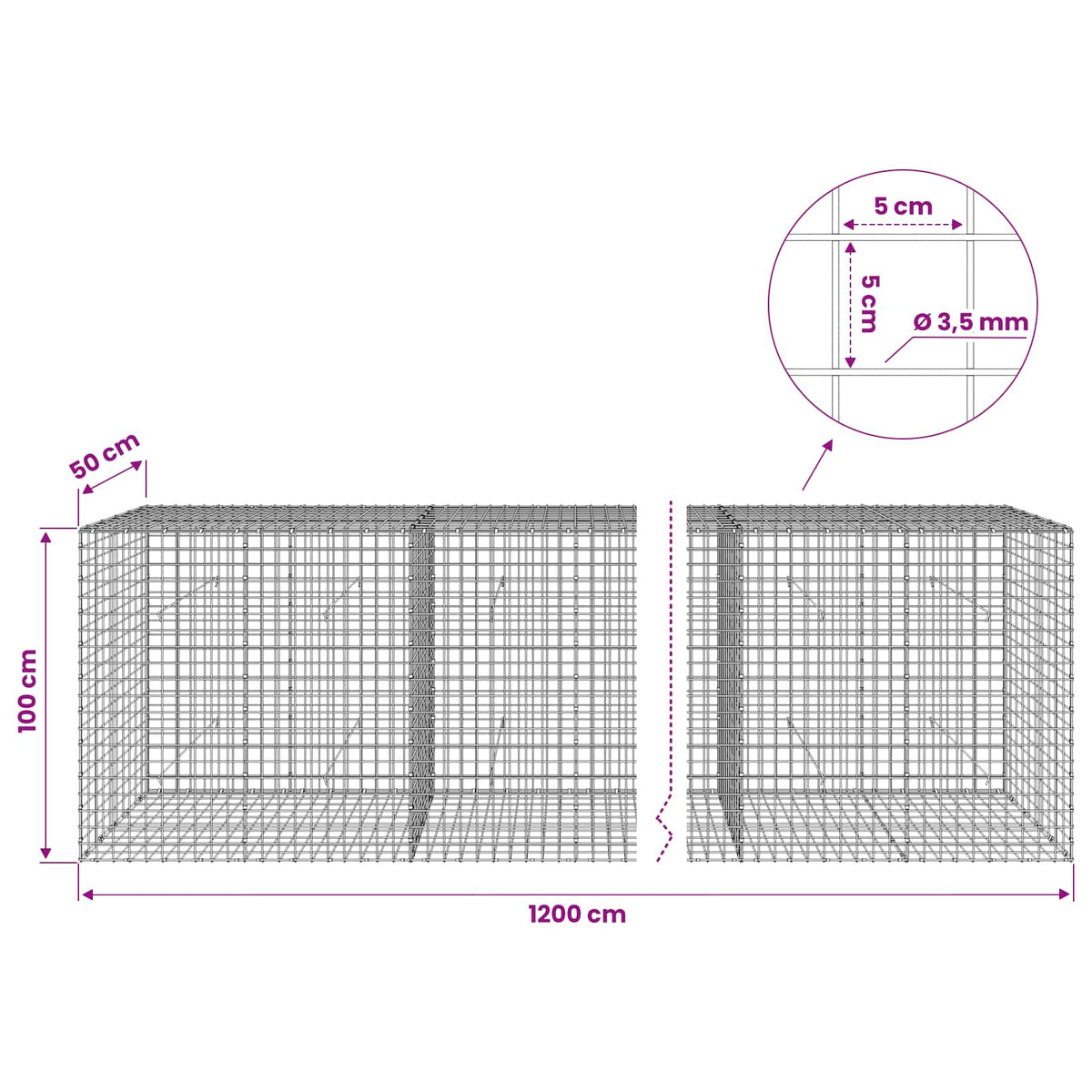 Gabion with 3.5 mm Wire and 5x5 cm Mesh 1200x50x100 cm