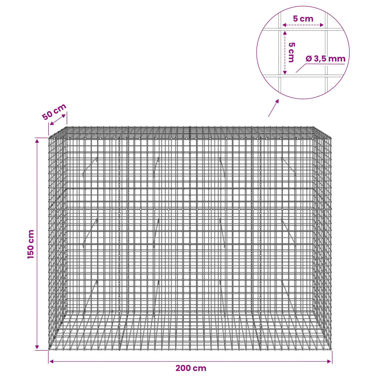 Gabion with 3.5 mm Wire and 5x5 cm Mesh 200x50x150 cm