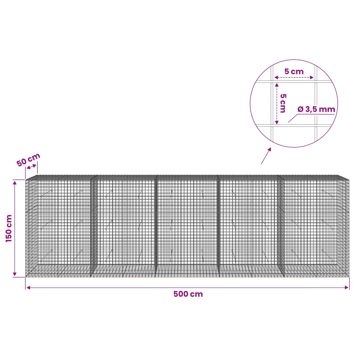 Gabion with 3.5 mm Wire and 5x5 cm Mesh 500x50x150 cm