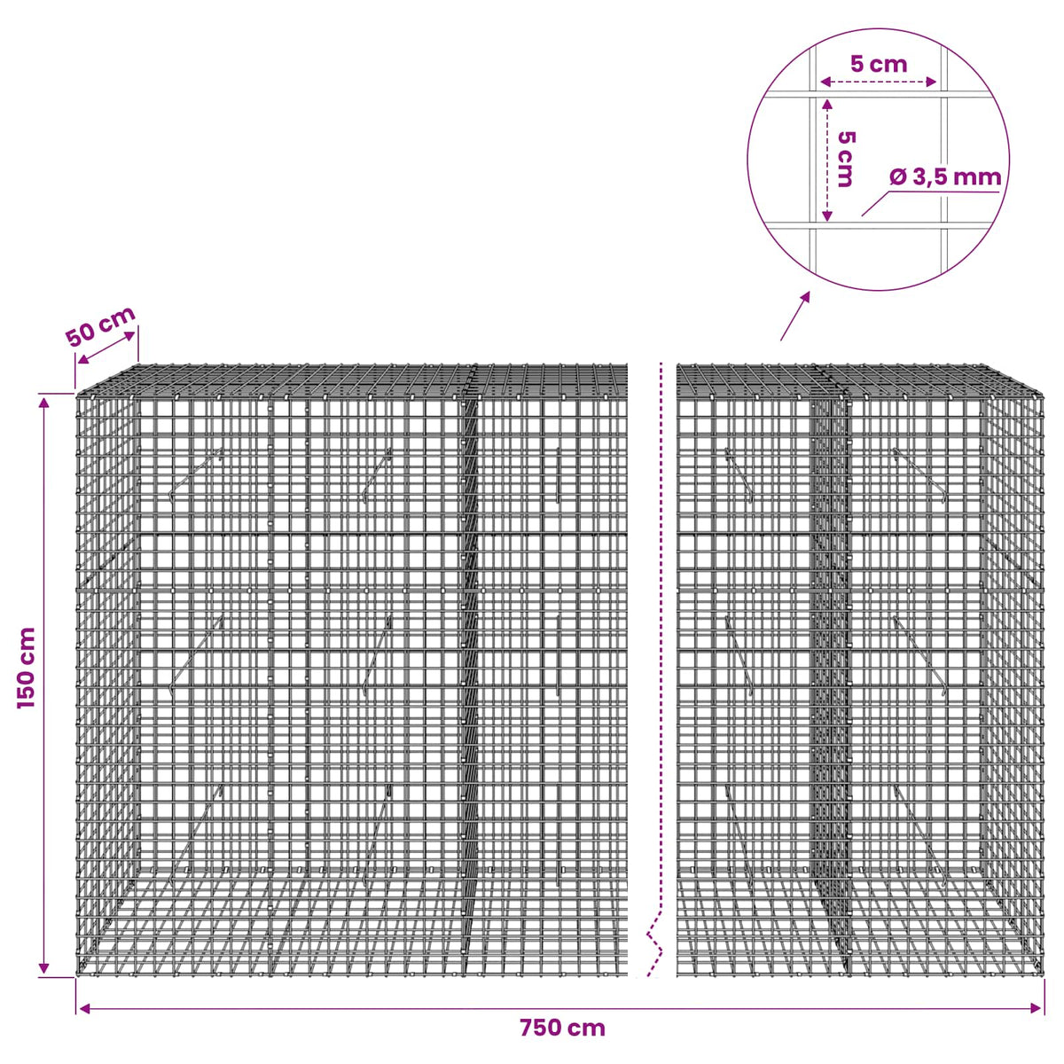 Gabion with 3.5 mm Wire and 5x5 cm Mesh 750x50x150 cm