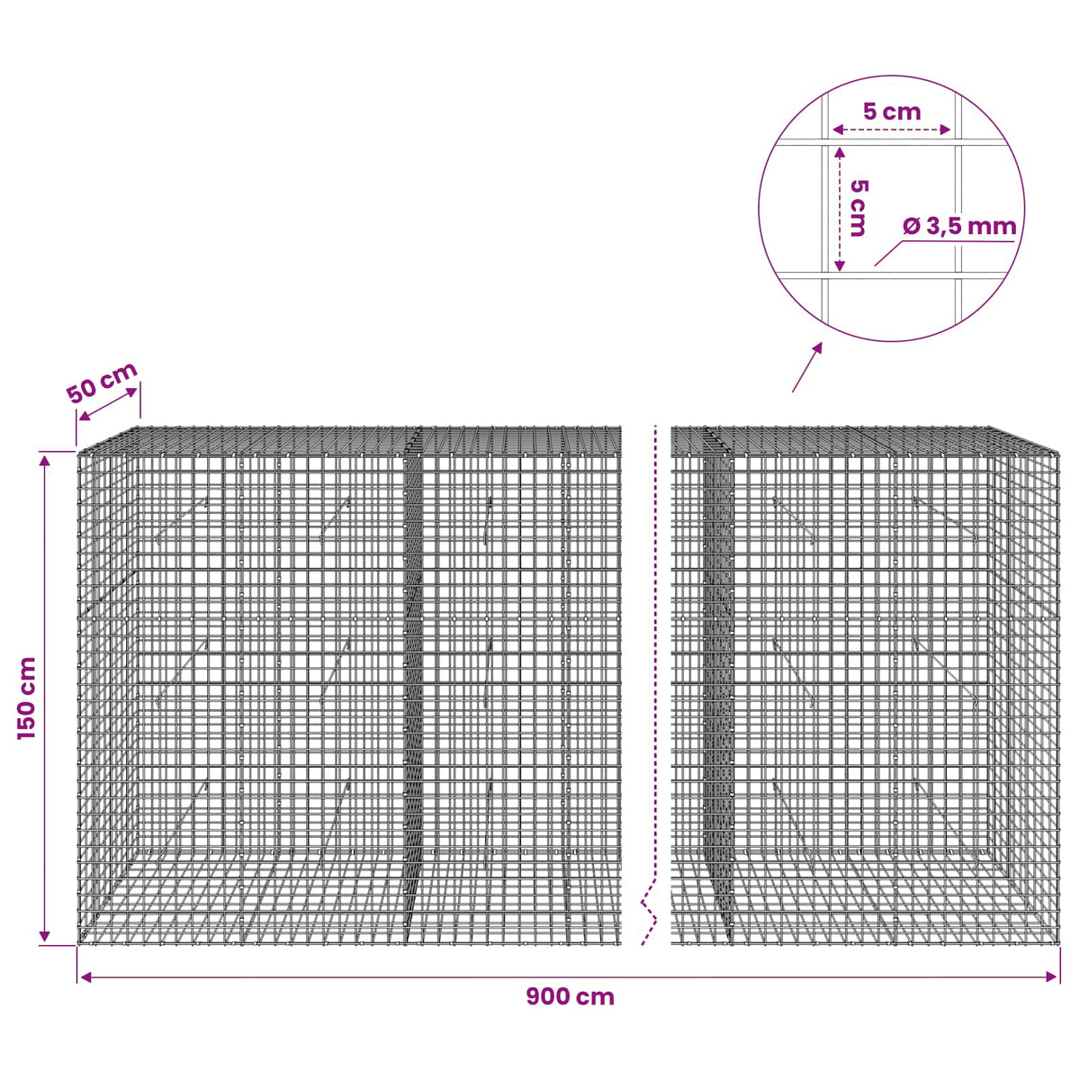 Gabion with 3.5 mm Wire and 5x5 cm Mesh 900x50x150 cm