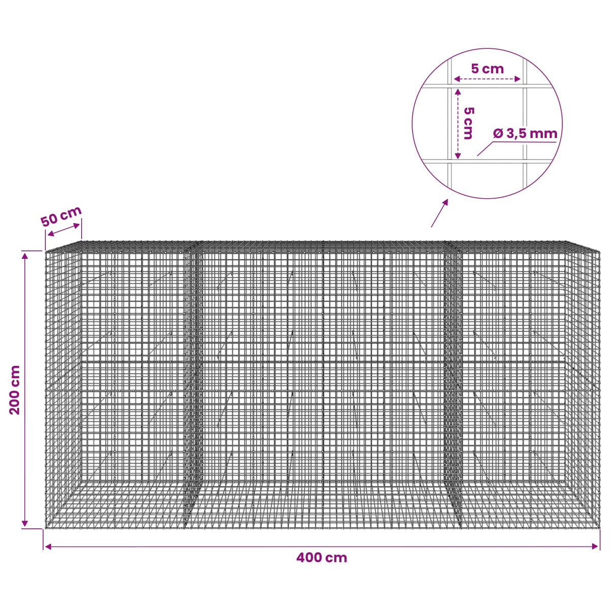 Gabion with 3.5 mm Wire and 5x5 cm Mesh 400x50x200 cm