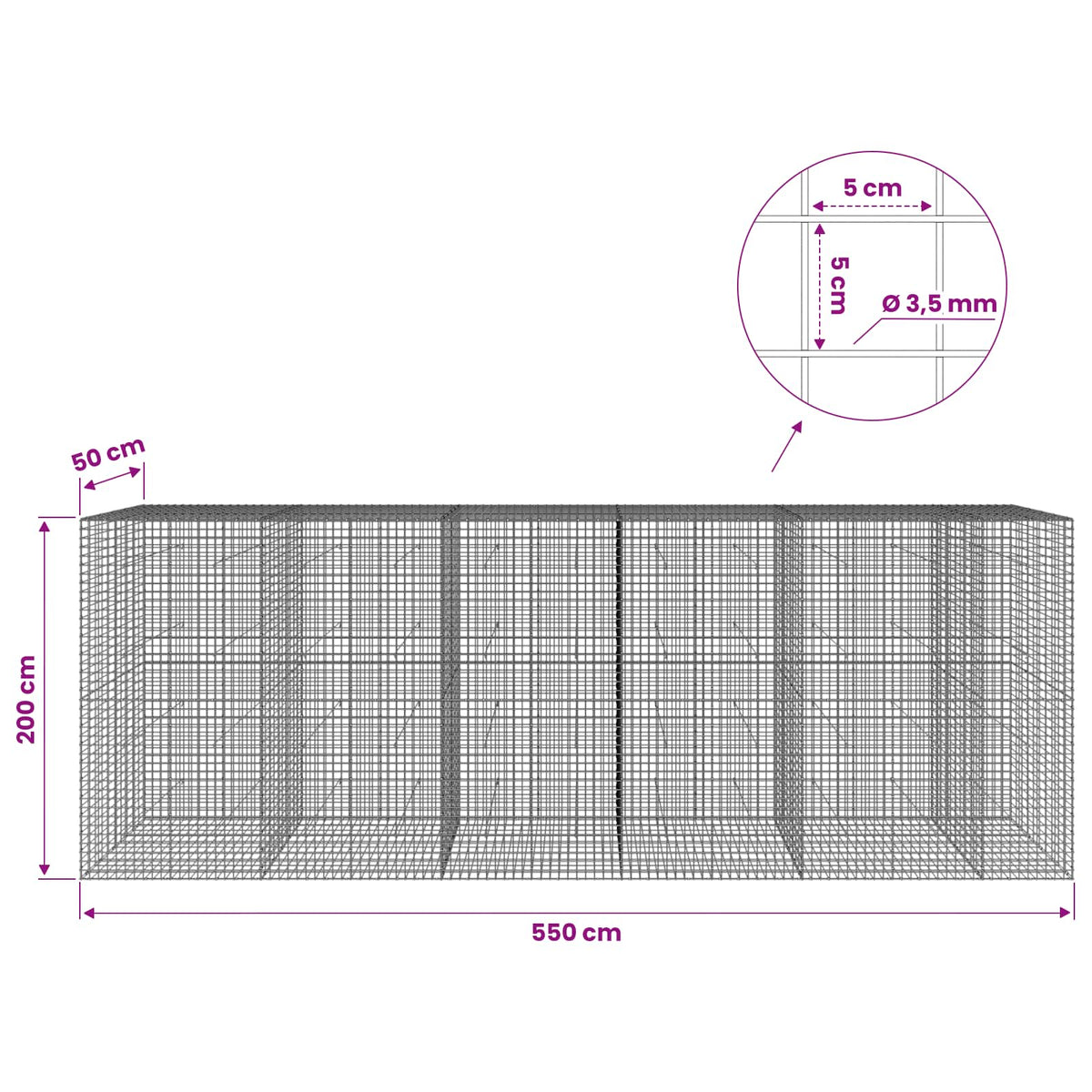 Gabion with 3.5 mm Wire and 5x5 cm Mesh 550x50x200 cm
