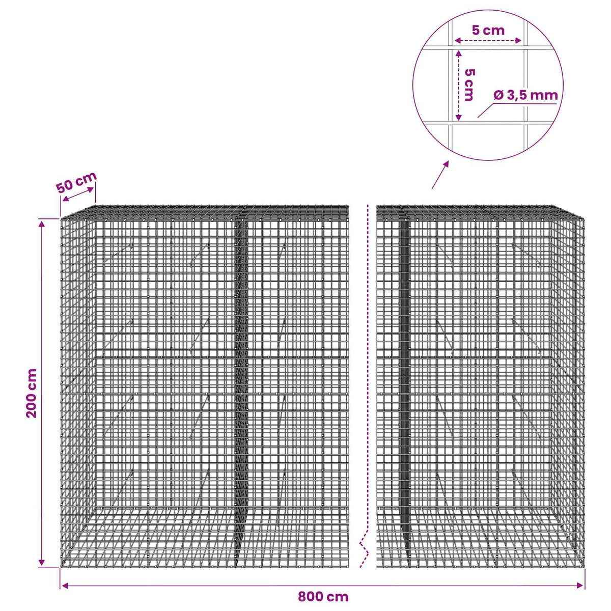 Gabion with 3.5 mm Wire and 5x5 cm Mesh 800x50x200 cm