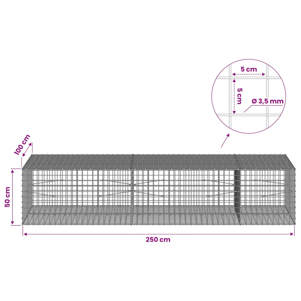 Gabion with 3.5 mm Wire and 5x5 cm Mesh 250x100x50 cm