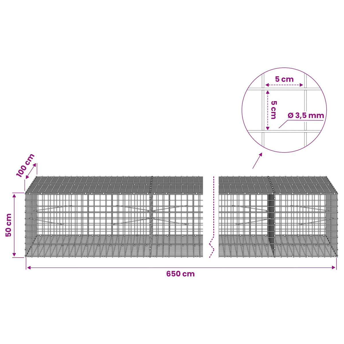 Gabion with 3.5 mm Wire and 5x5 cm Mesh 650x100x50 cm