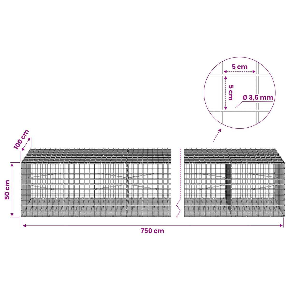 Gabion with 3.5 mm Wire and 5x5 cm Mesh 750x100x50 cm