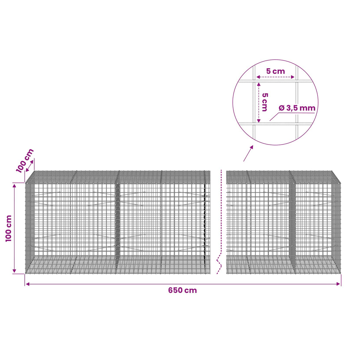 Gabion with 3.5 mm Wire and 5x5 cm Mesh 650x100x100 cm
