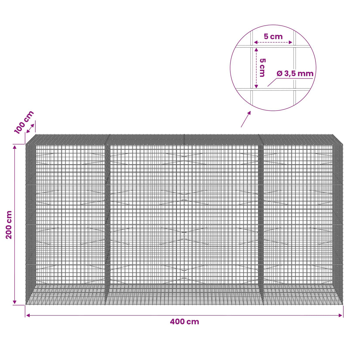 Gabion with 3.5 mm Wire and 5x5 cm Mesh 400x100x200 cm
