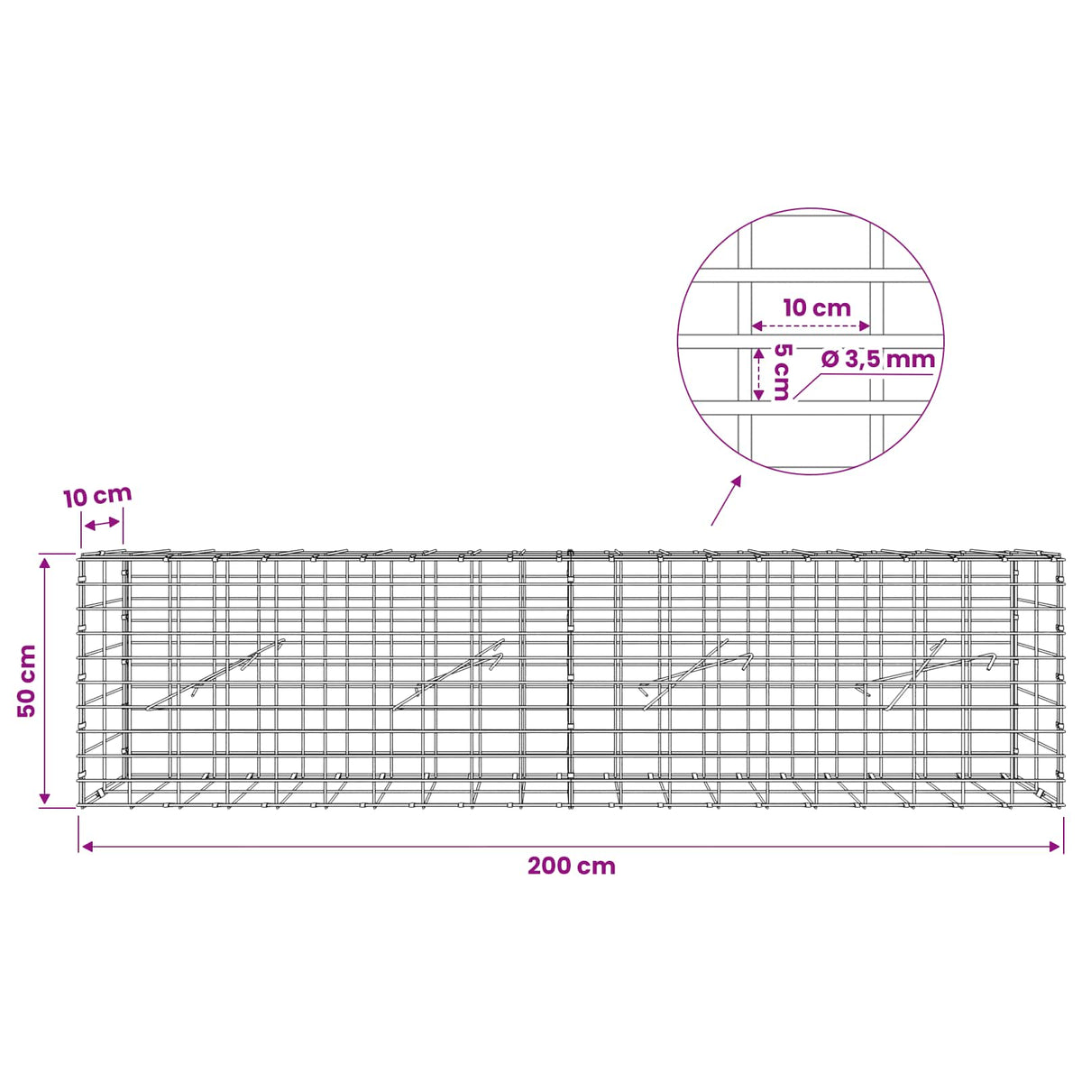 Gabion with 3.5 mm Wire and 5x10 cm Mesh 200x10x50 cm