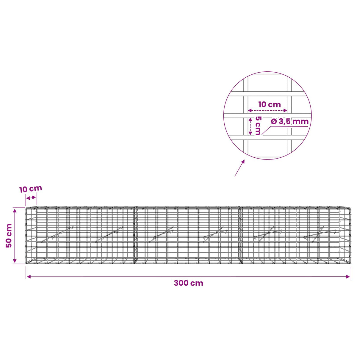 Gabion with 3.5 mm Wire and 5x10 cm Mesh 300x10x50 cm