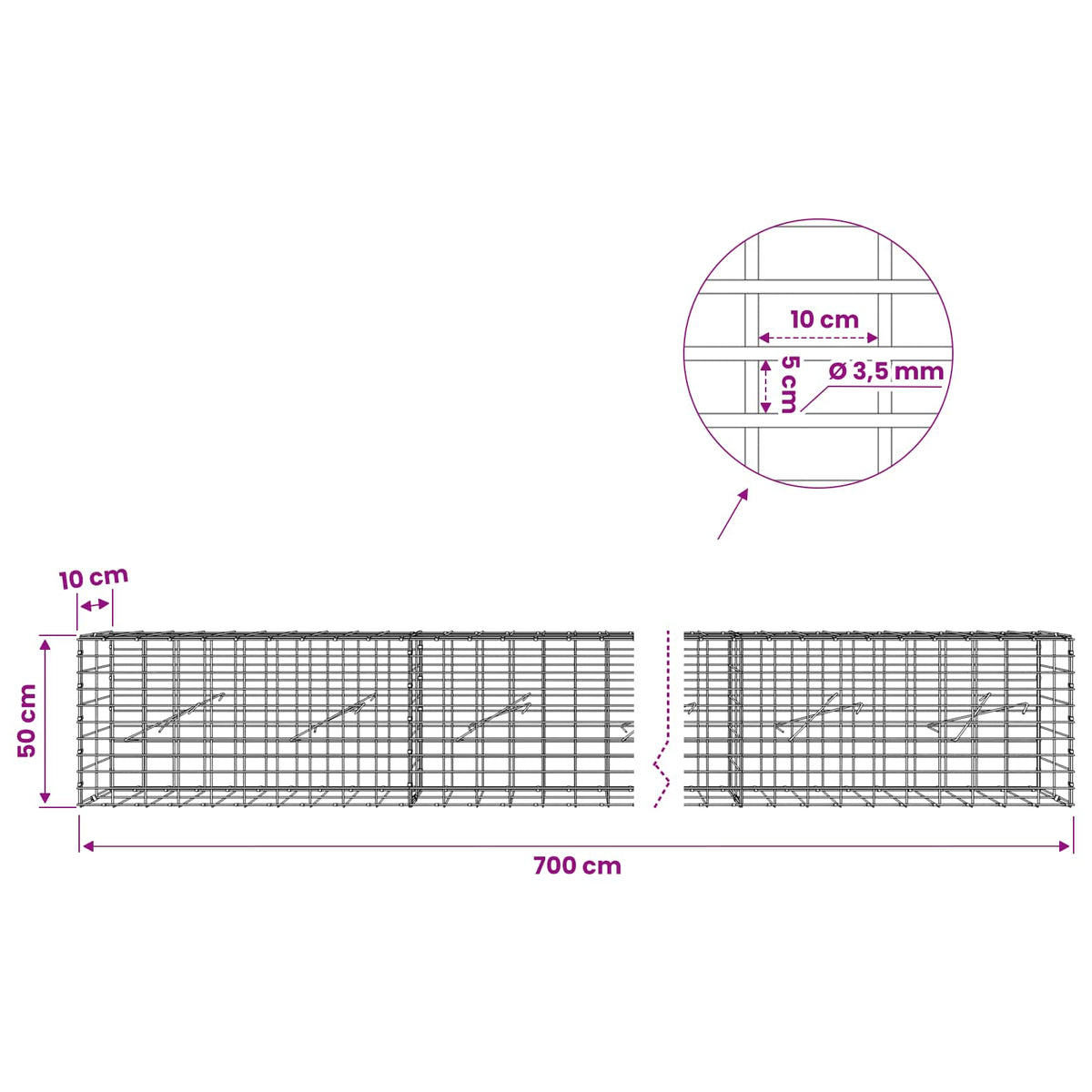 Gabion with 3.5 mm Wire and 5x10 cm Mesh 700x10x50 cm