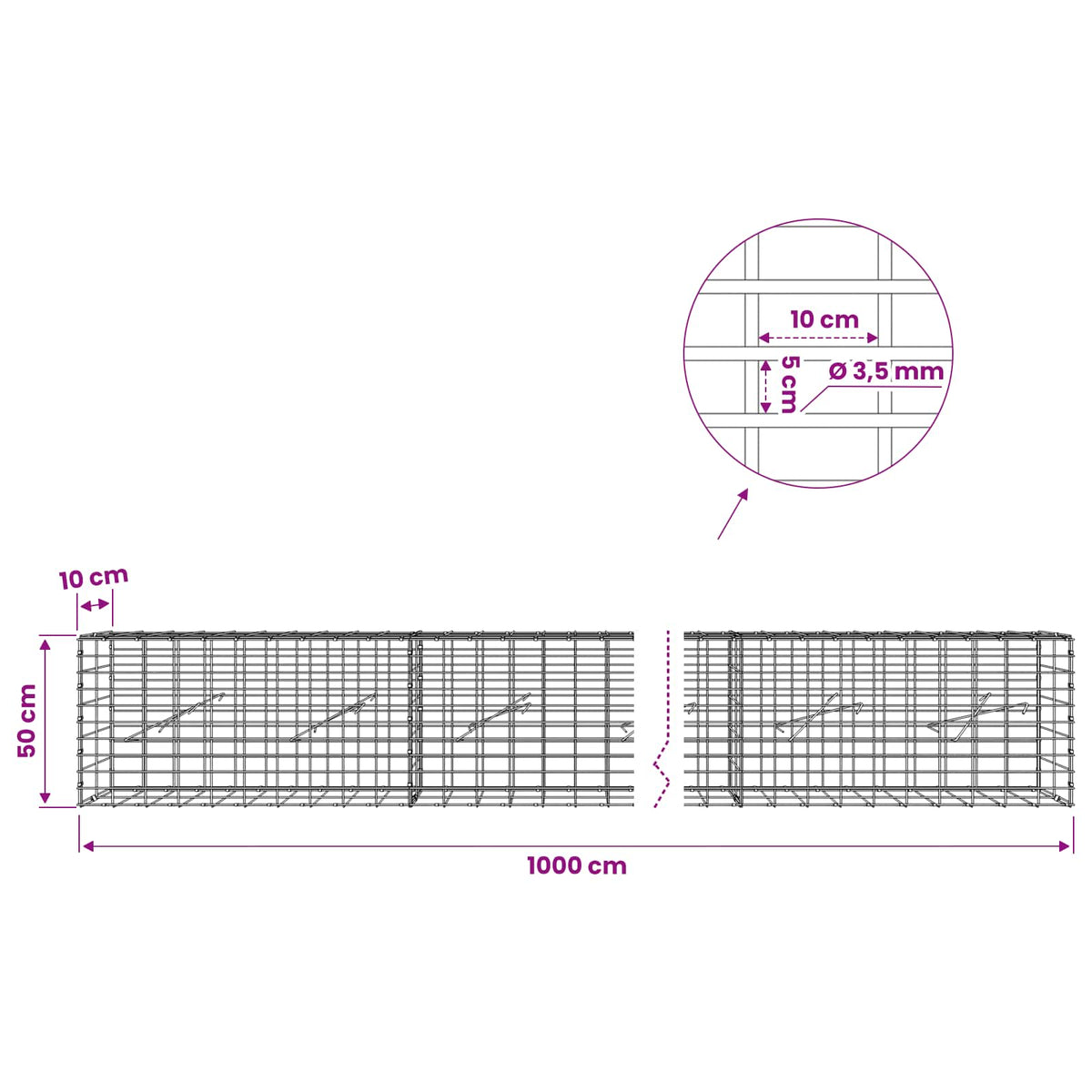Gabion with 3.5 mm Wire and 5x10 cm Mesh 1000x10x50 cm