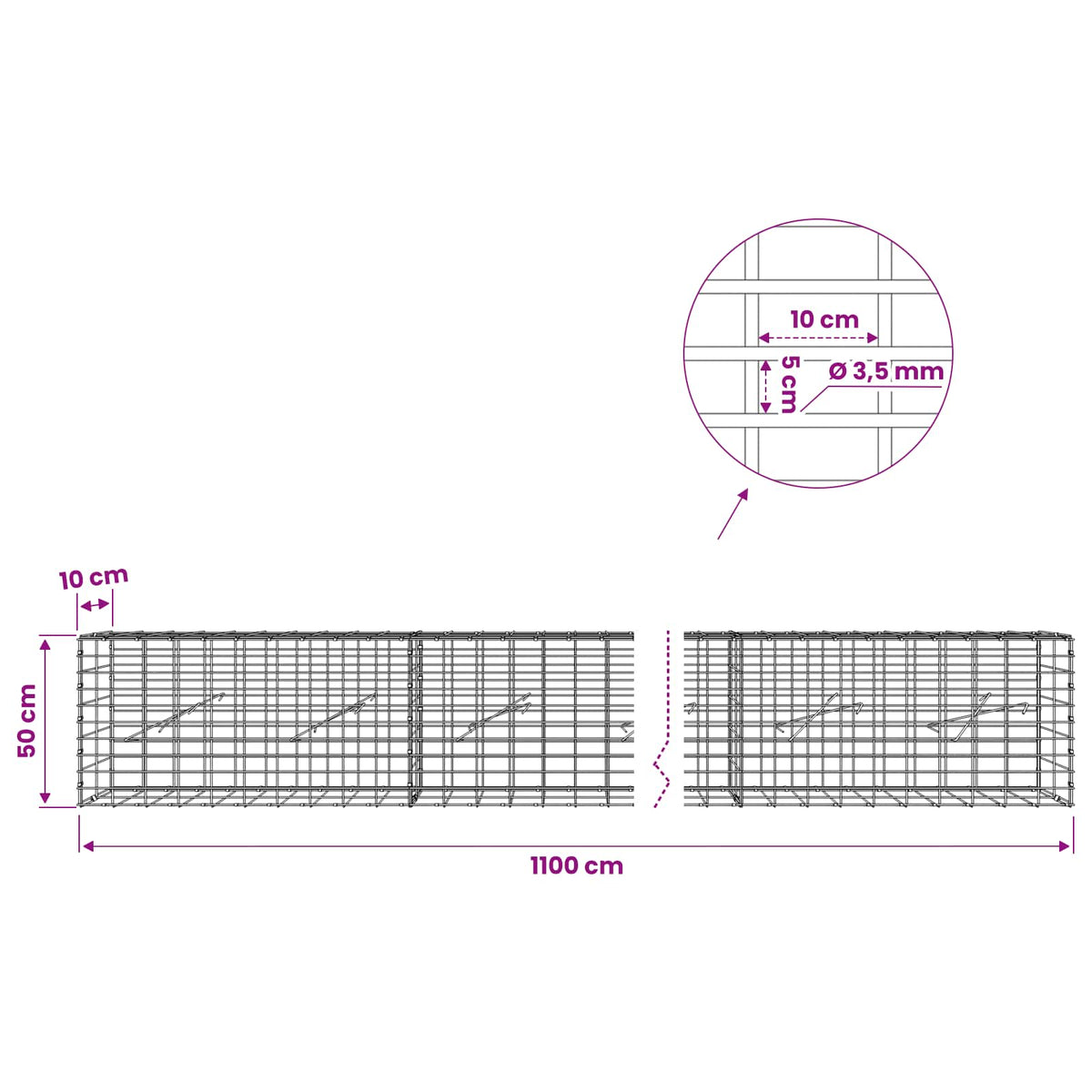 Gabion with 3.5 mm Wire and 5x10 cm Mesh 1100x10x50 cm