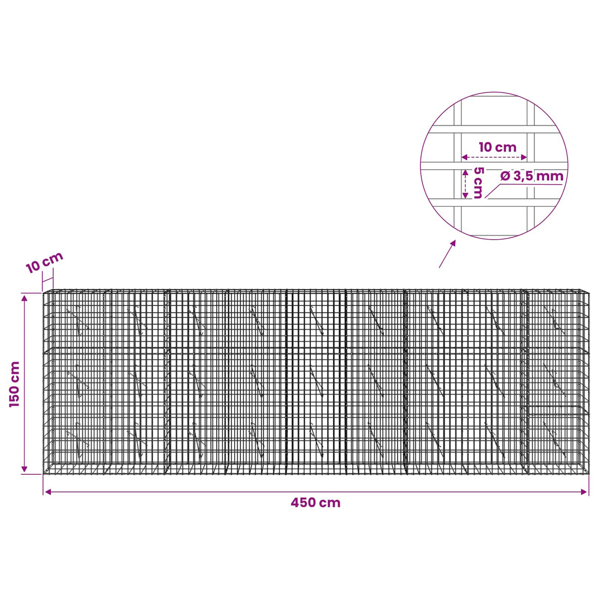 Gabion with 3.5 mm Wire and 5x10 cm Mesh 450x10x150 cm