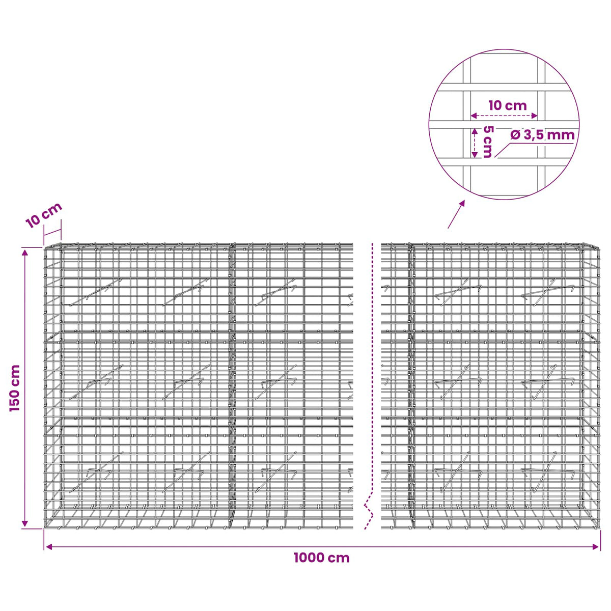 Gabion with 3.5 mm Wire and 5x10 cm Mesh 1000x10x150 cm