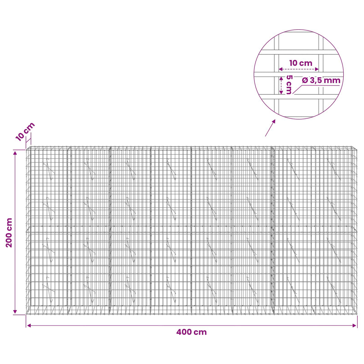 Gabion with 3.5 mm Wire and 5x10 cm Mesh 400x10x200 cm