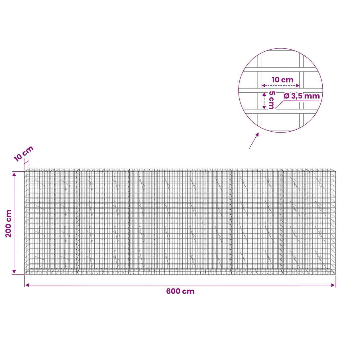 Gabion with 3.5 mm Wire and 5x10 cm Mesh 600x10x200 cm