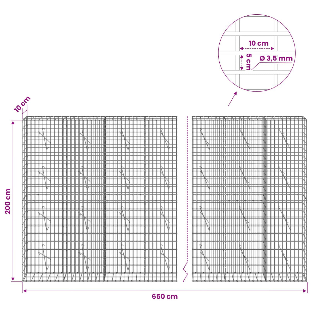 Gabion with 3.5 mm Wire and 5x10 cm Mesh 650x10x200 cm