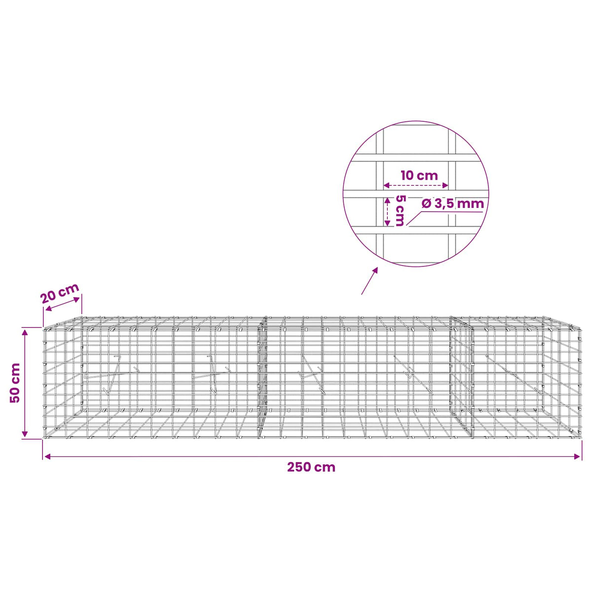 Gabion with 3.5 mm Wire and 5x10 cm Mesh 250x20x50 cm