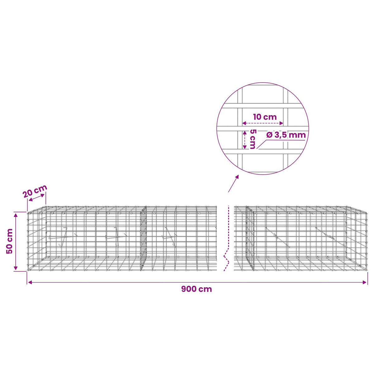Gabion with 3.5 mm Wire and 5x10 cm Mesh 900x20x50 cm
