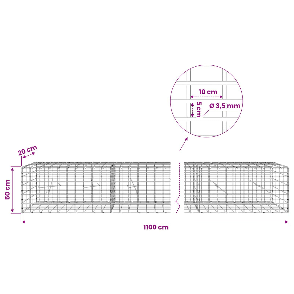 Gabion with 3.5 mm Wire and 5x10 cm Mesh 1100x20x50 cm