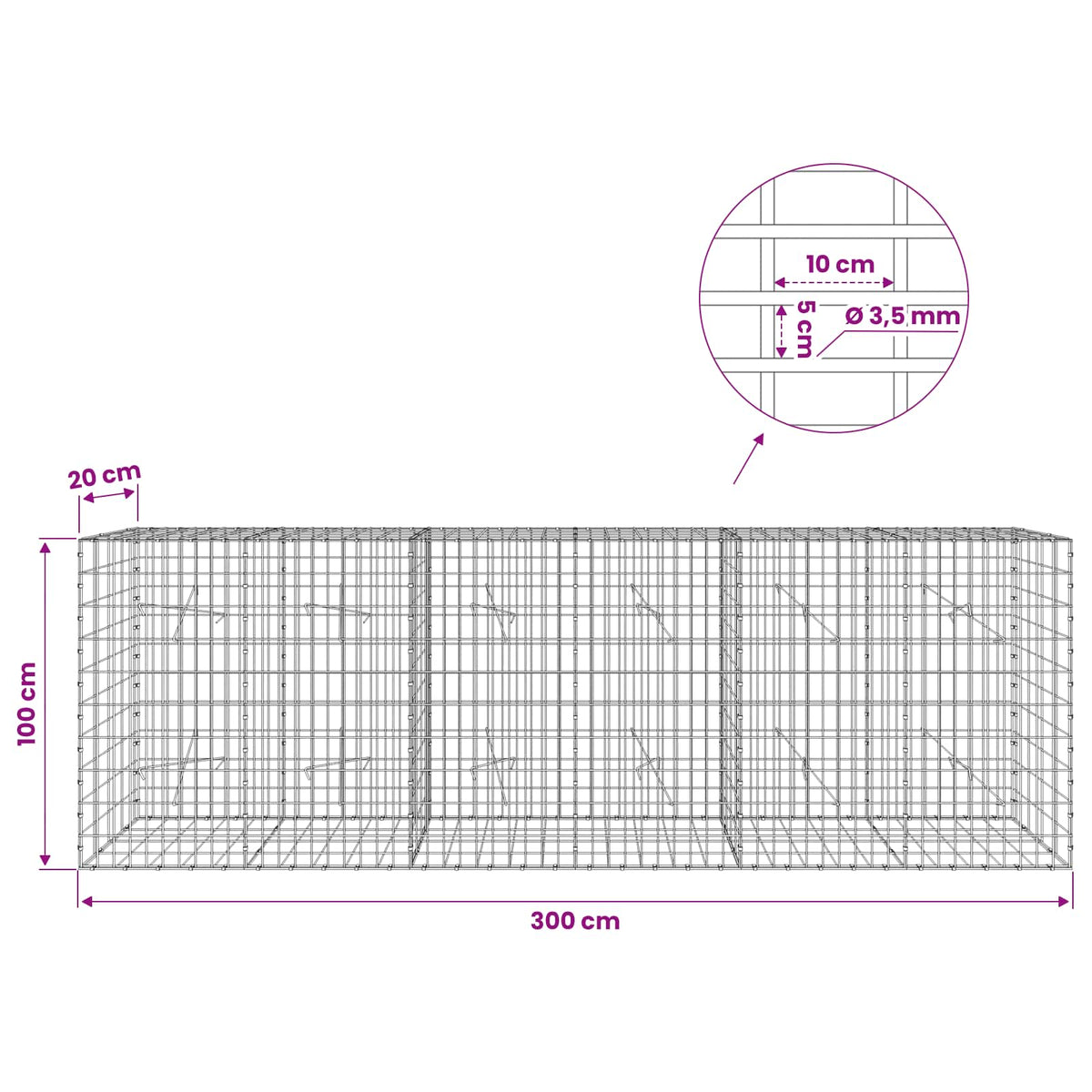 Gabion with 3.5 mm Wire and 5x10 cm Mesh 300x20x100 cm
