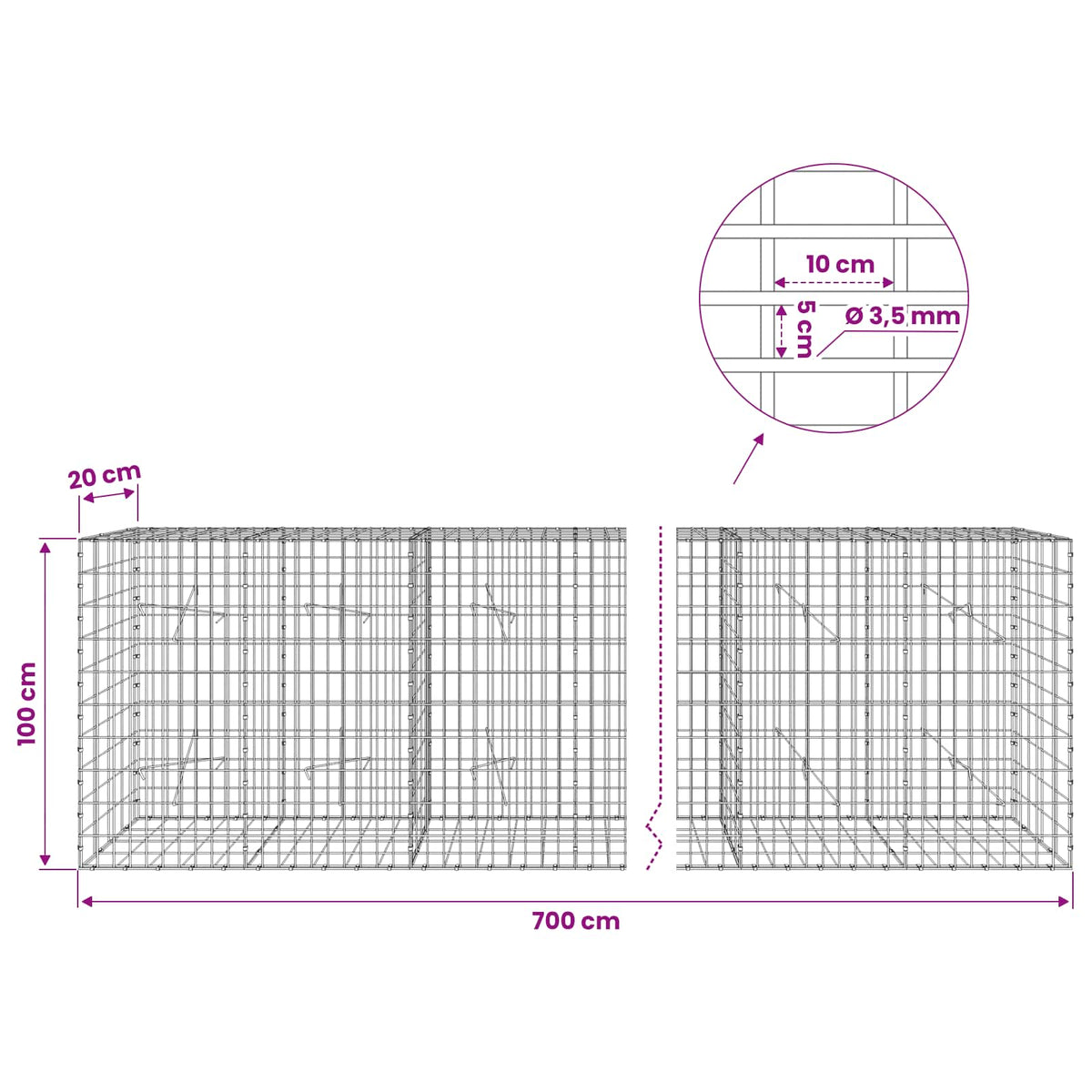 Gabion with 3.5 mm Wire and 5x10 cm Mesh 700x20x100 cm