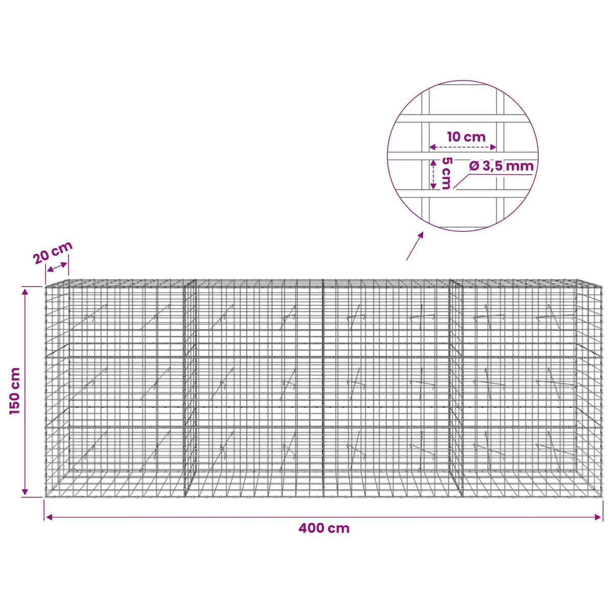 Gabion with 3.5 mm Wire and 5x10 cm Mesh 400x20x150 cm