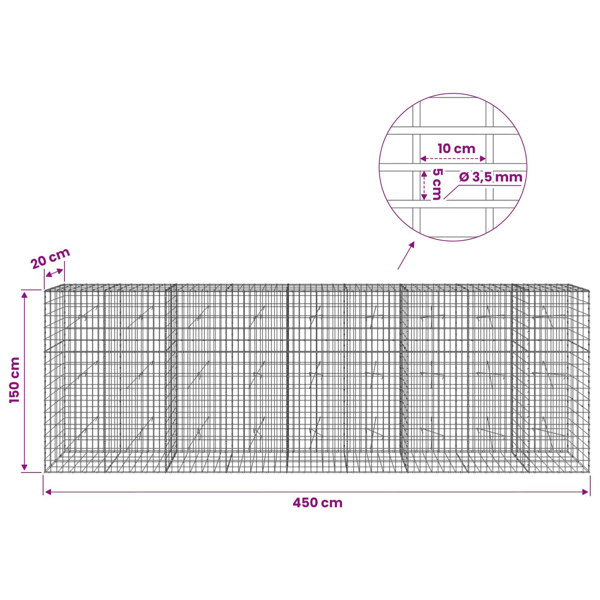Gabion with 3.5 mm Wire and 5x10 cm Mesh 450x20x150 cm