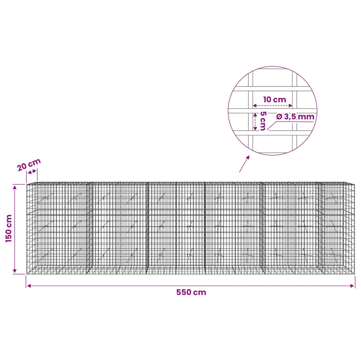 Gabion with 3.5 mm Wire and 5x10 cm Mesh 550x20x150 cm
