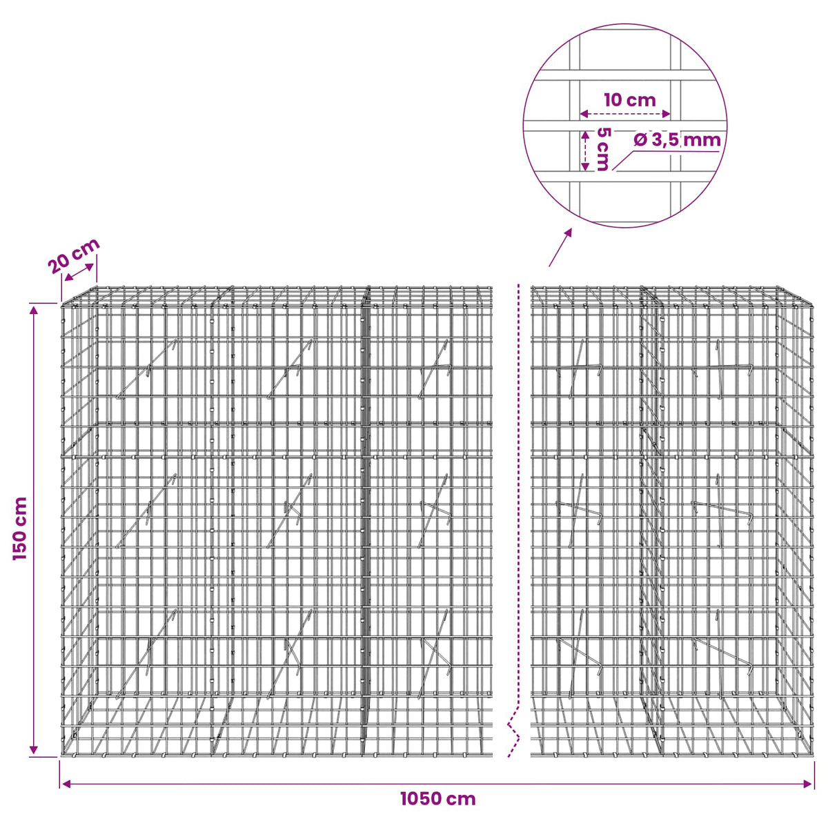 Gabion with 3.5 mm Wire and 5x10 cm Mesh 1050x20x150 cm