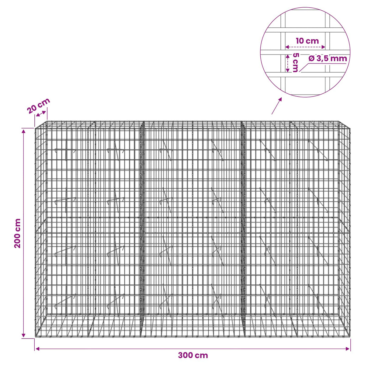 Gabion with 3.5 mm Wire and 5x10 cm Mesh 300x20x200 cm
