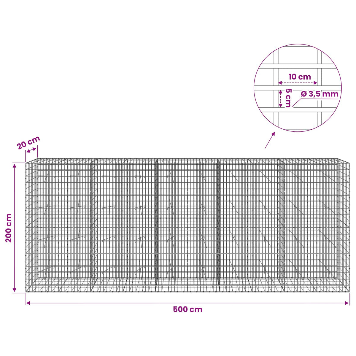 Gabion with 3.5 mm Wire and 5x10 cm Mesh 500x20x200 cm
