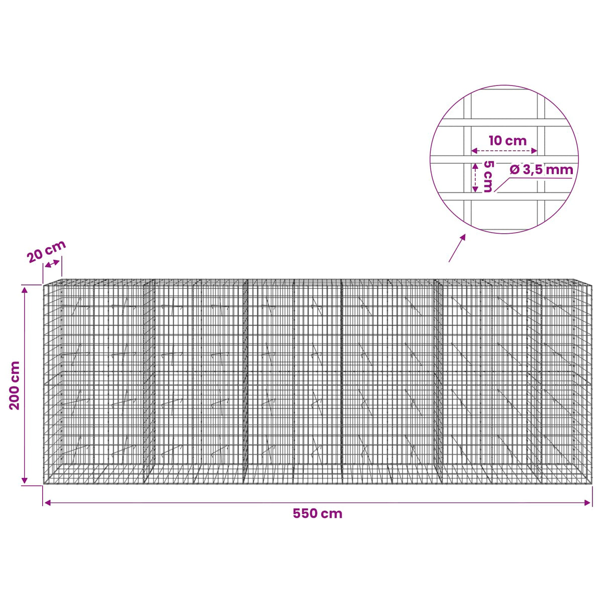 Gabion with 3.5 mm Wire and 5x10 cm Mesh 550x20x200 cm