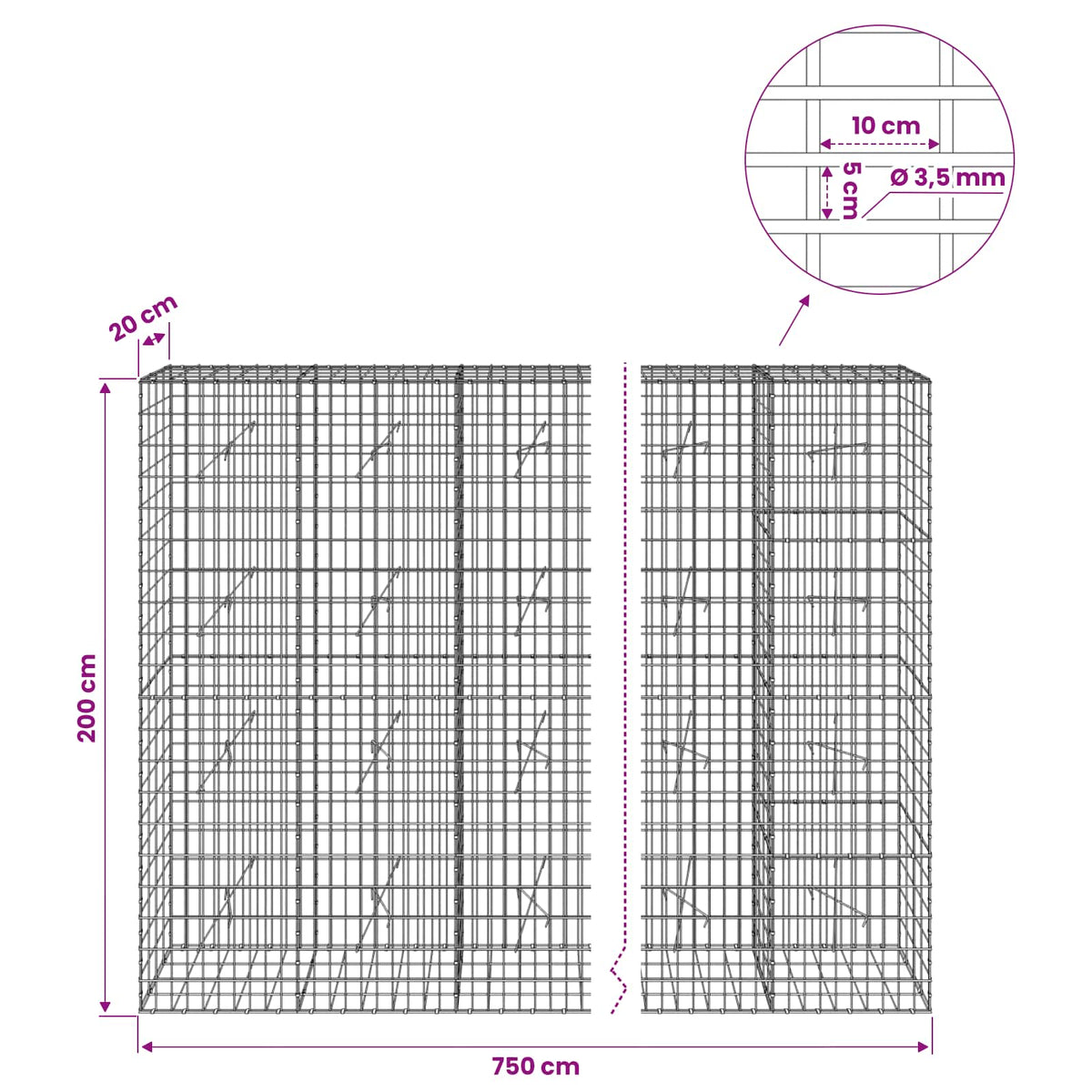 Gabion with 3.5 mm Wire and 5x10 cm Mesh 750x20x200 cm