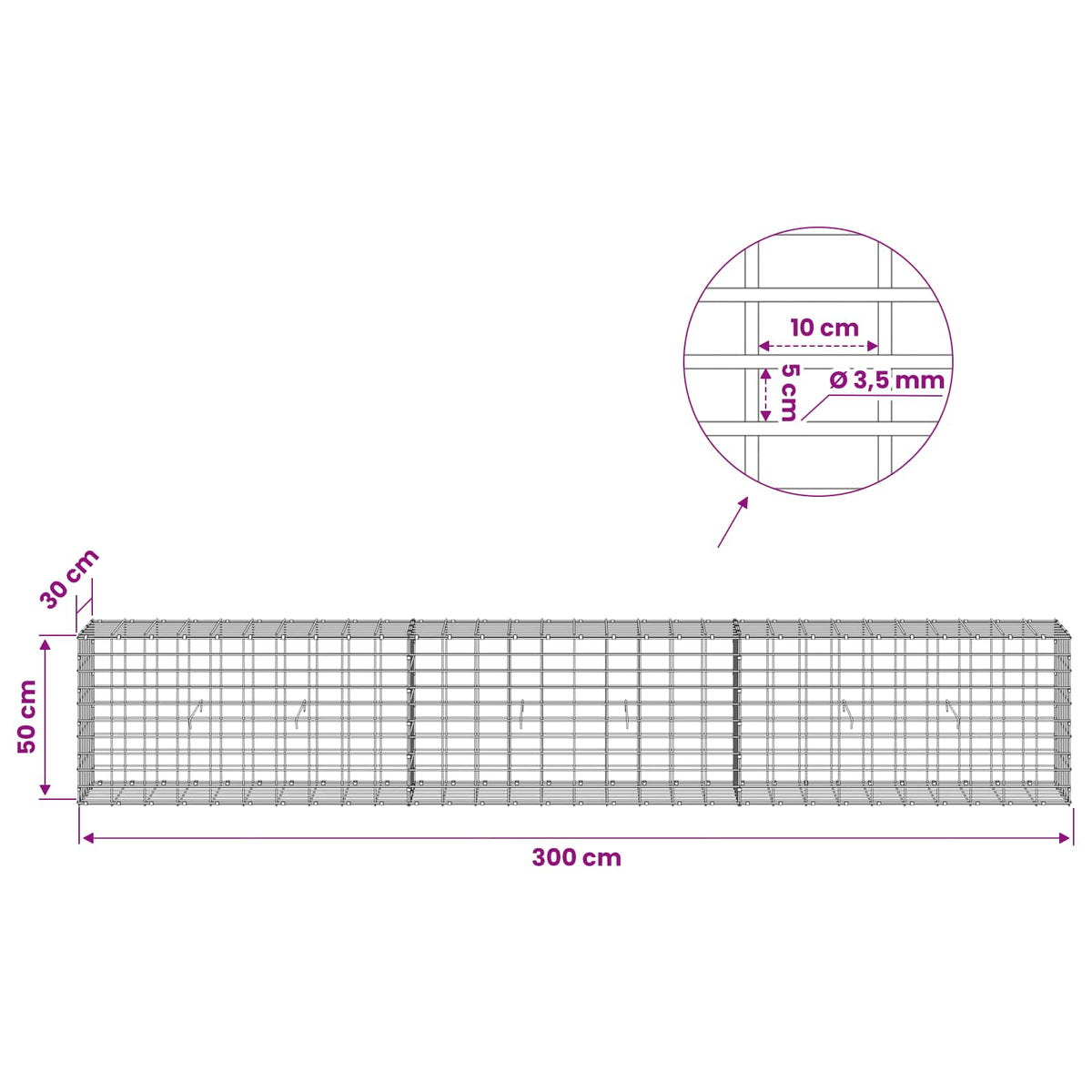 Gabion with 3.5 mm Wire and 5x10 cm Mesh 300x30x50 cm