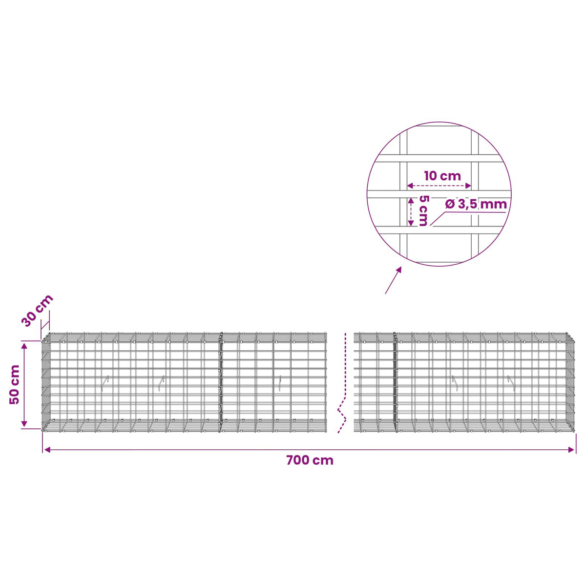 Gabion with 3.5 mm Wire and 5x10 cm Mesh 700x30x50 cm