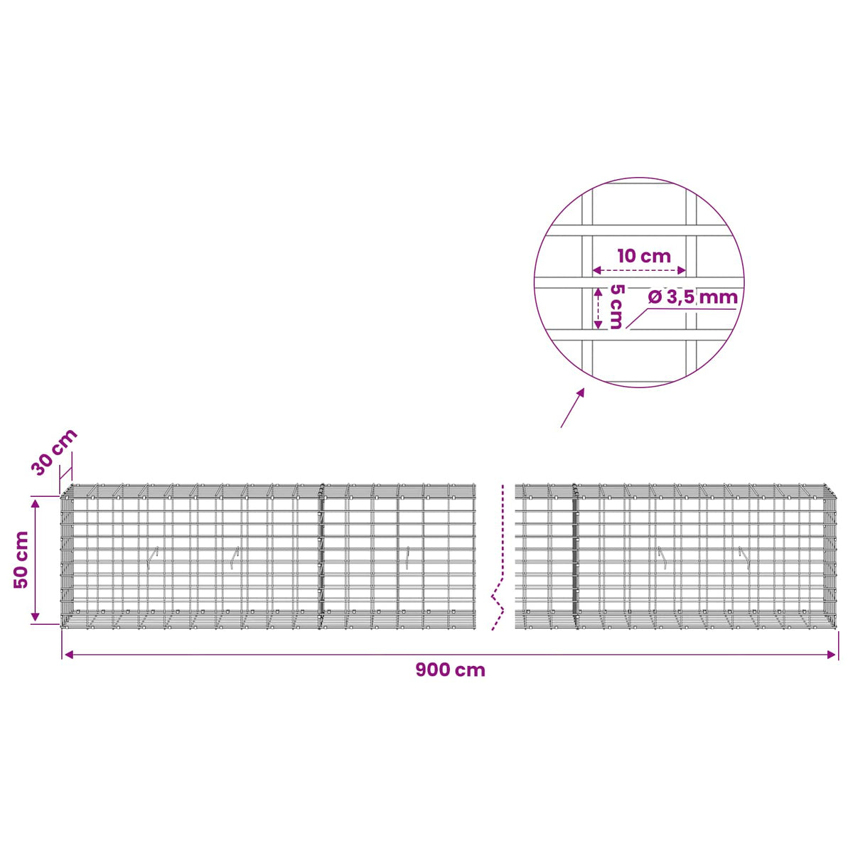Gabion with 3.5 mm Wire and 5x10 cm Mesh 900x30x50 cm