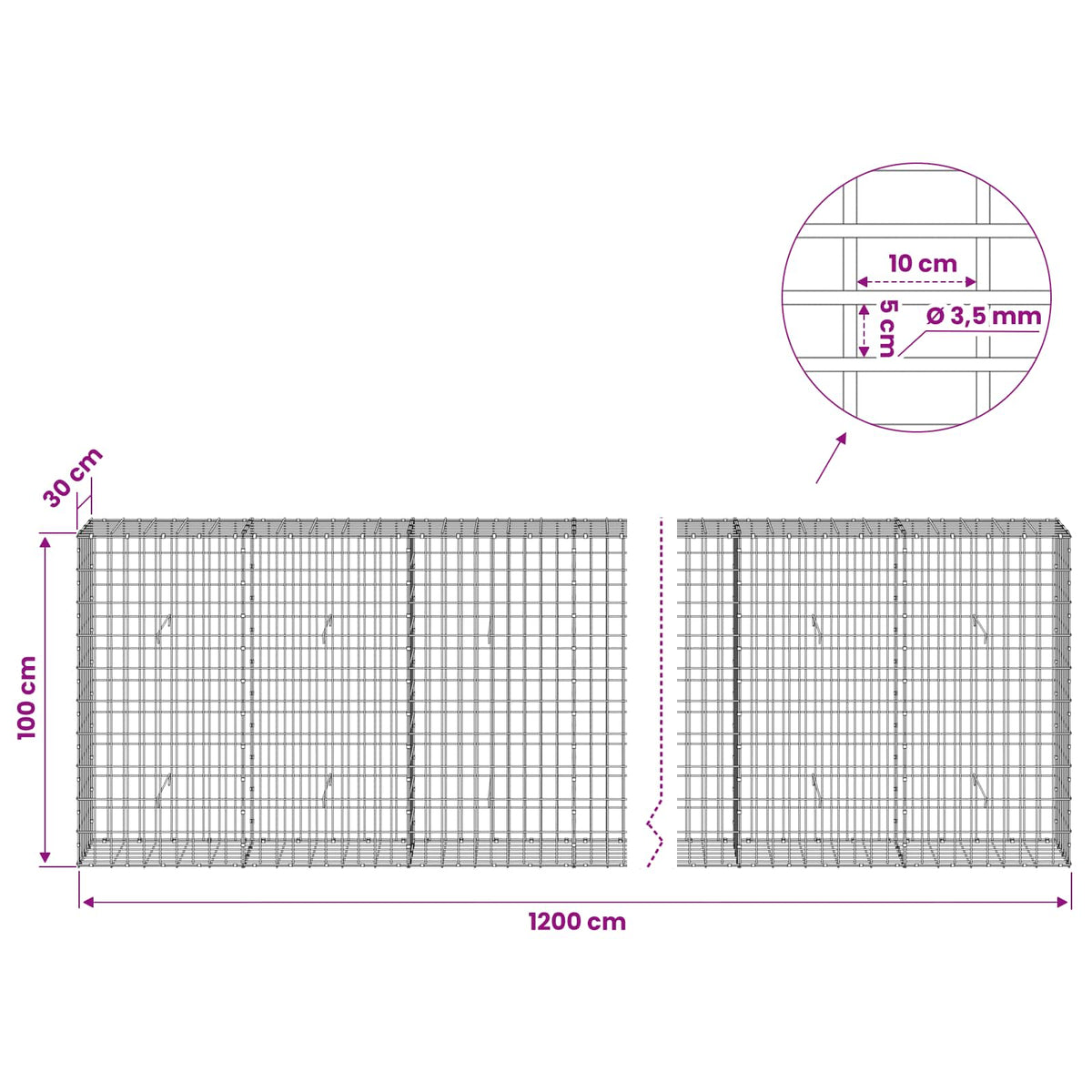 Gabion with 3.5 mm Wire and 5x10 cm Mesh 1200x30x100 cm
