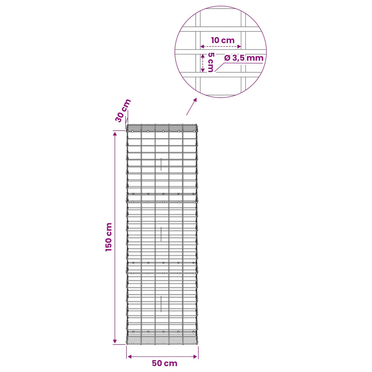Gabion with 3.5 mm Wire and 5x10 cm Mesh 50x30x150 cm