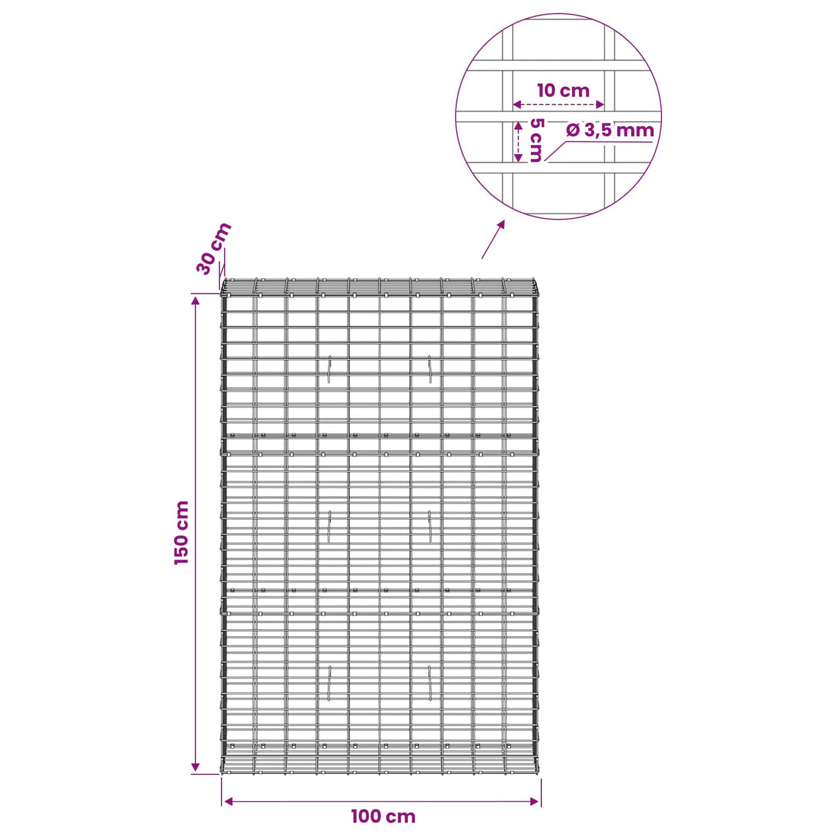 Gabion with 3.5 mm Wire and 5x10 cm Mesh 100x30x150 cm