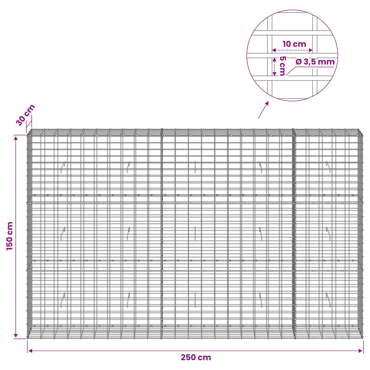 Gabion with 3.5 mm Wire and 5x10 cm Mesh 250x30x150 cm