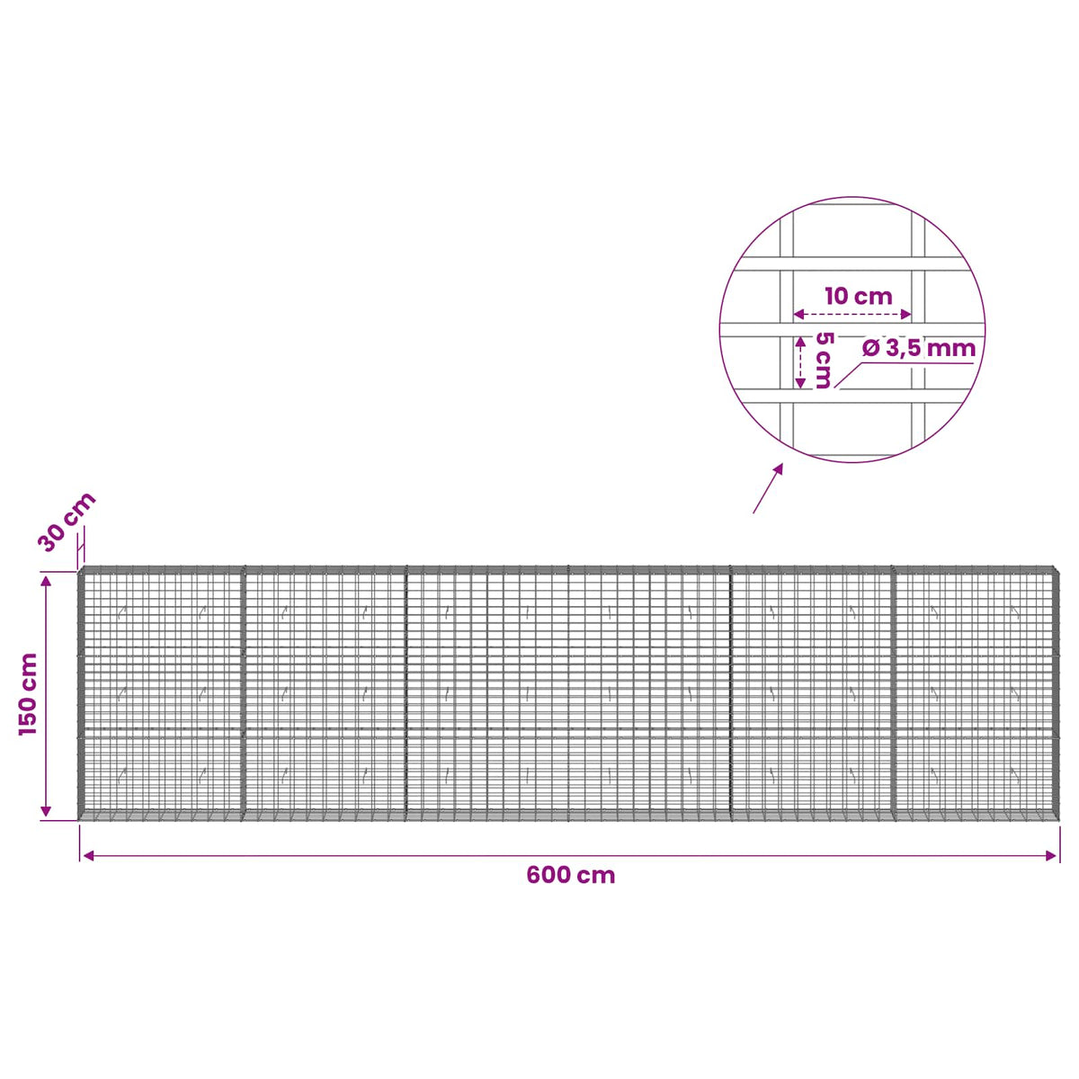 Gabion with 3.5 mm Wire and 5x10 cm Mesh 600x30x150 cm