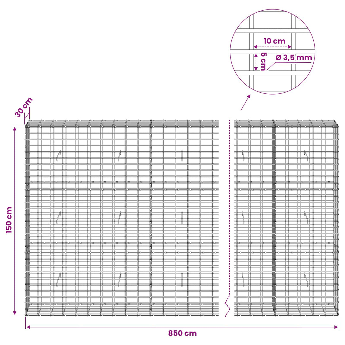 Gabion with 3.5 mm Wire and 5x10 cm Mesh 850x30x150 cm