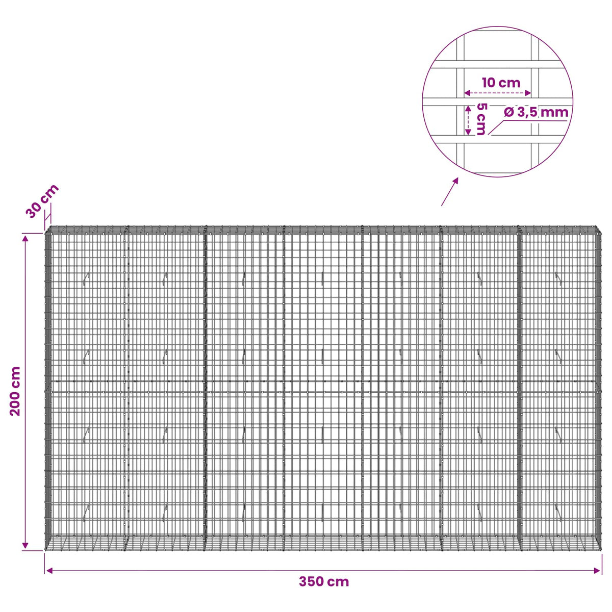 Gabion with 3.5 mm Wire and 5x10 cm Mesh 350x30x200 cm