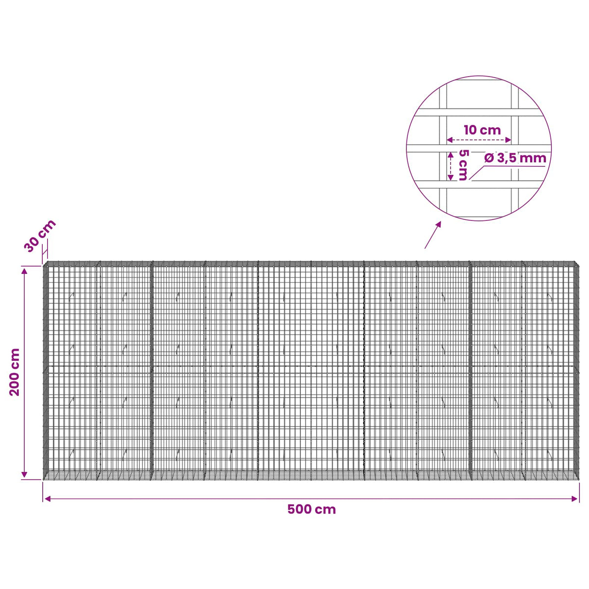 Gabion with 3.5 mm Wire and 5x10 cm Mesh 500x30x200 cm
